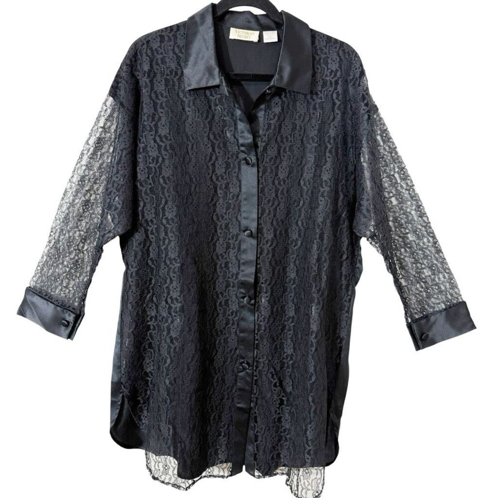 Victorias Secret Vintage Gold‎ Label 90s Black Lace Satin Pajama Nightgown Small